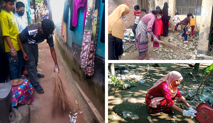 Collage of children cleaning different areas
