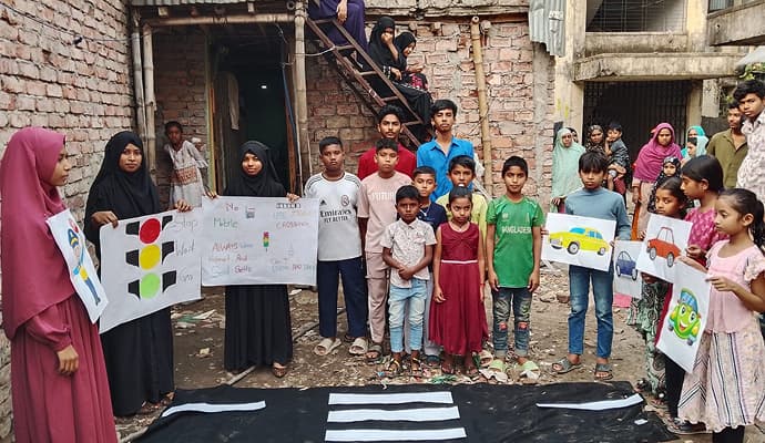 Mohakhali kids participating in road safety awareness program